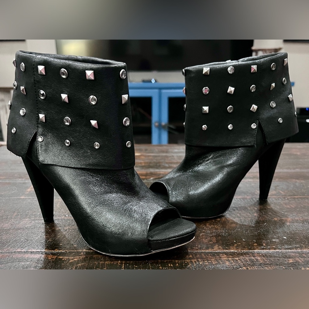 Vince Camuto Aviator Black Studded Peep-Toe Booties